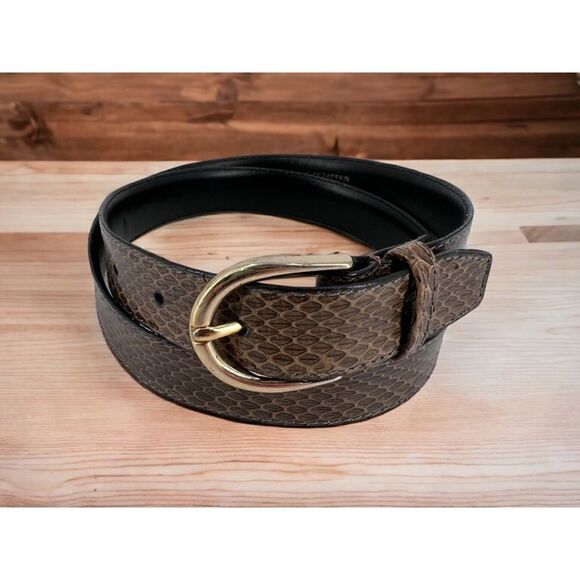 Vintage Women’s solid brass Buckle Genuine Snakeskin Belt Brown Black Size 32 la - Picture 1 of 11